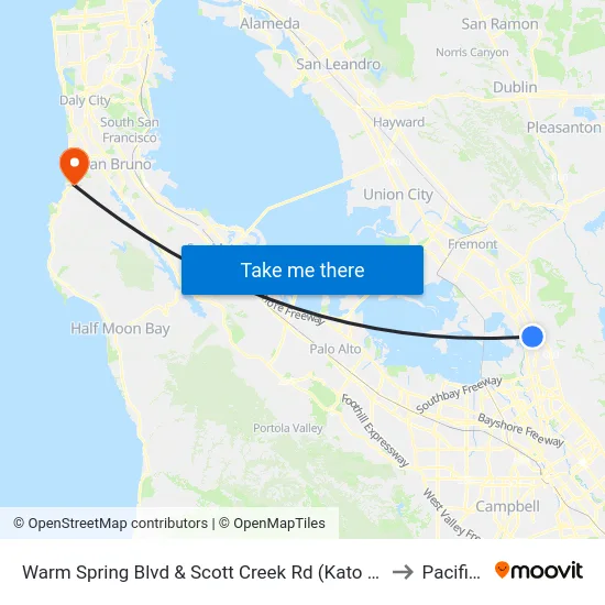 Warm Spring Blvd & Scott Creek Rd (Kato Rd) to Pacifica map