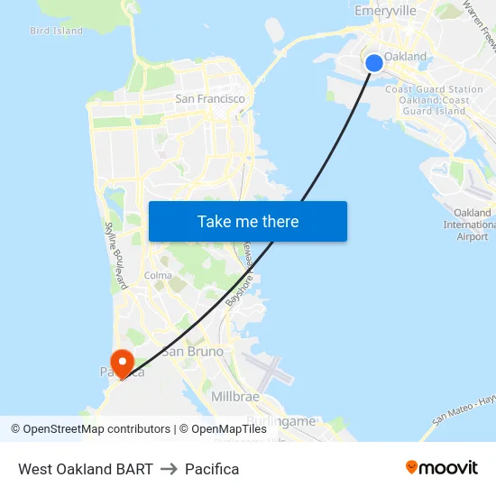 West Oakland BART to Pacifica map