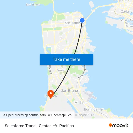 Salesforce Transit Center to Pacifica map