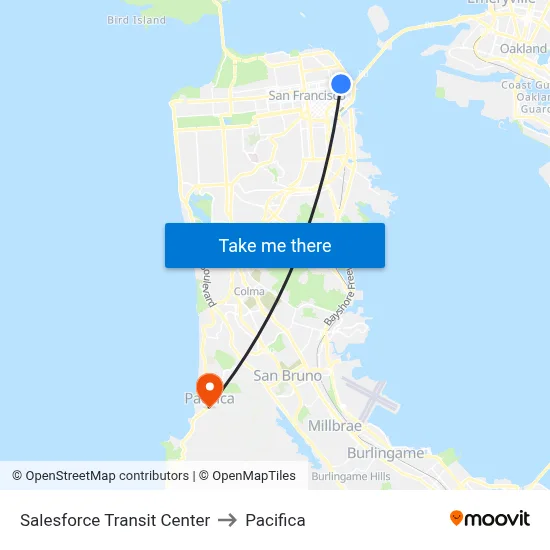 Salesforce Transit Center to Pacifica map