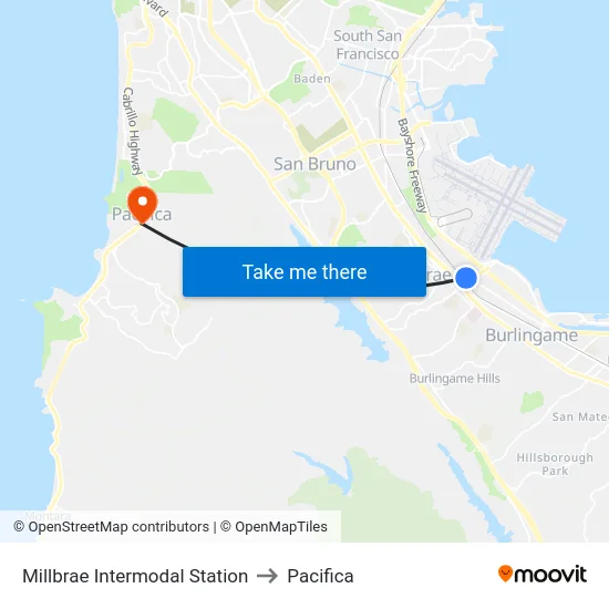 Millbrae Intermodal Station to Pacifica map