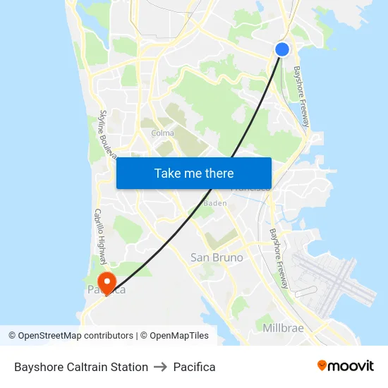 Bayshore Caltrain Station to Pacifica map