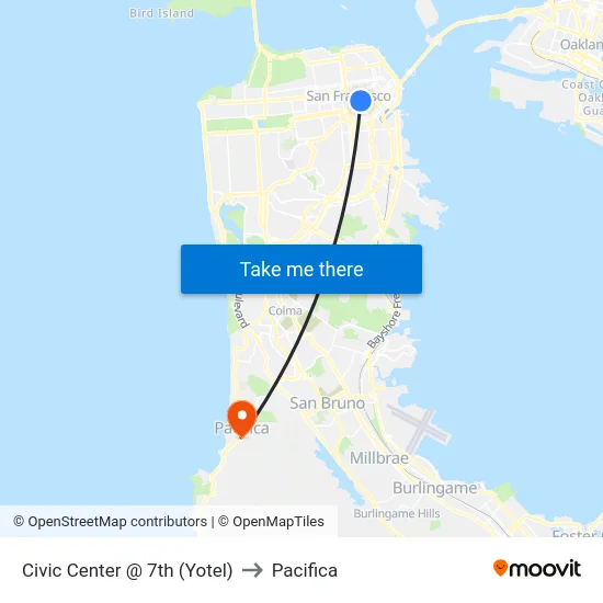Civic Center @ 7th (Yotel) to Pacifica map
