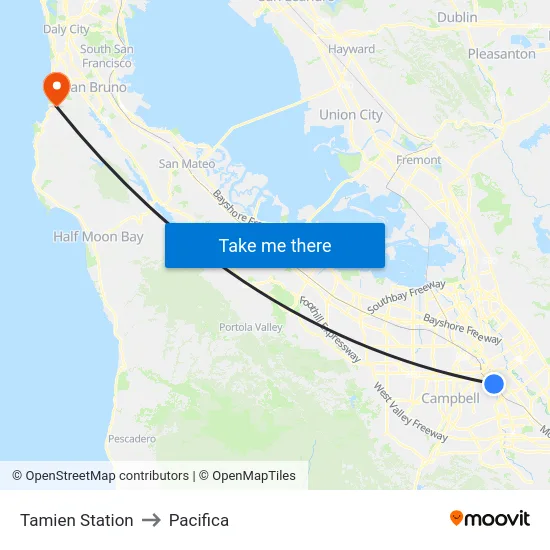 Tamien Station to Pacifica map