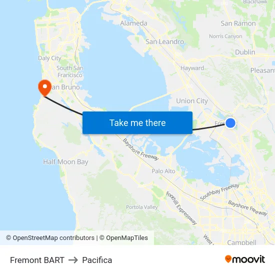 Fremont BART to Pacifica map