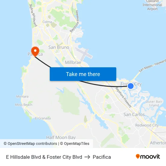 E Hillsdale Blvd & Foster City Blvd to Pacifica map