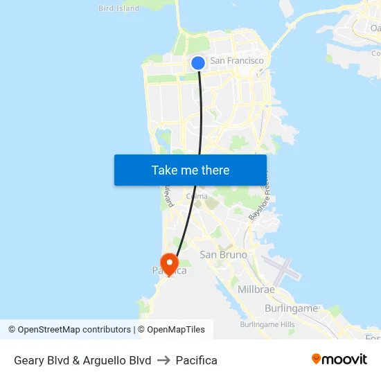Geary Blvd & Arguello Blvd to Pacifica map