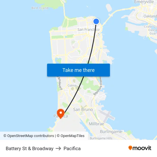 Battery St & Broadway to Pacifica map