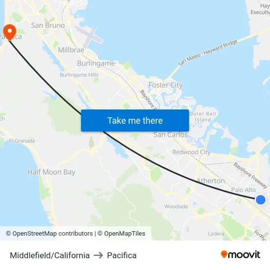Middlefield/California to Pacifica map