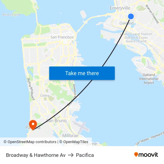 Broadway & Hawthorne Av to Pacifica map