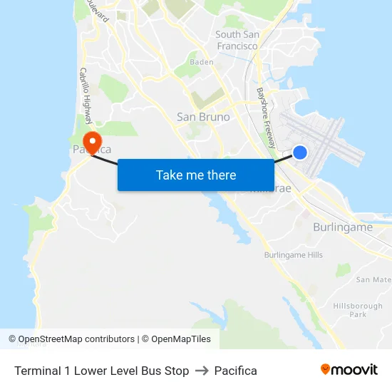 Terminal 1 Lower Level Bus Stop to Pacifica map