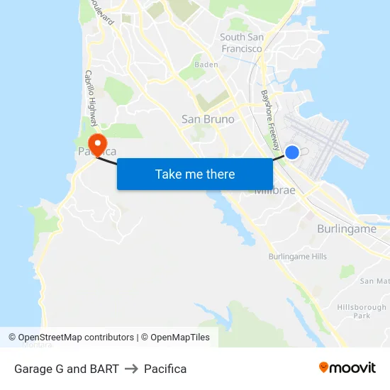 Garage G and BART to Pacifica map