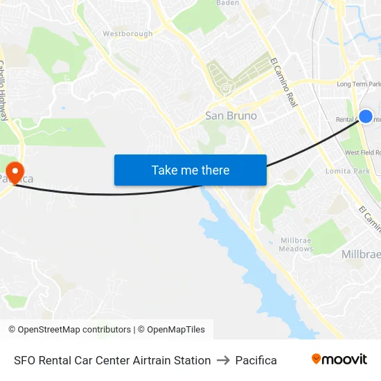 SFO Rental Car Center Airtrain Station to Pacifica map