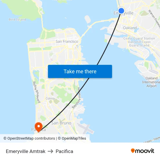 Emeryville Amtrak to Pacifica map