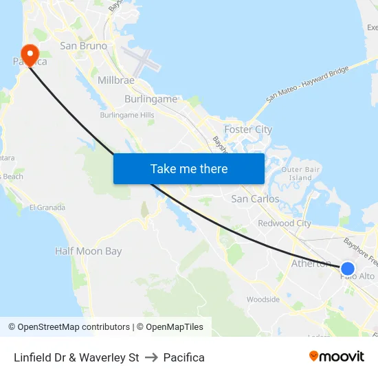 Linfield Dr & Waverley St to Pacifica map