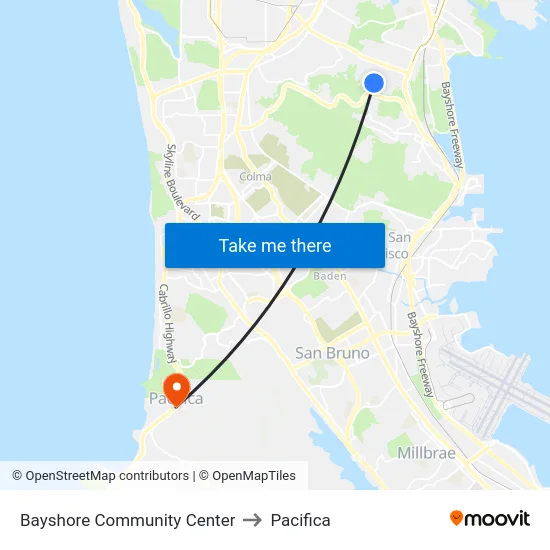 Bayshore Community Center to Pacifica map