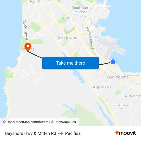 Bayshore Hwy & Mitten Rd to Pacifica map