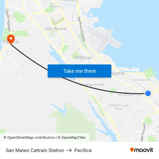 San Mateo Caltrain Station to Pacifica map