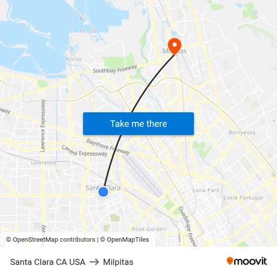 Santa Clara CA USA to Milpitas map