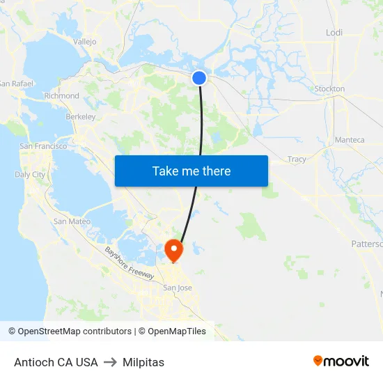 Antioch CA USA to Milpitas map