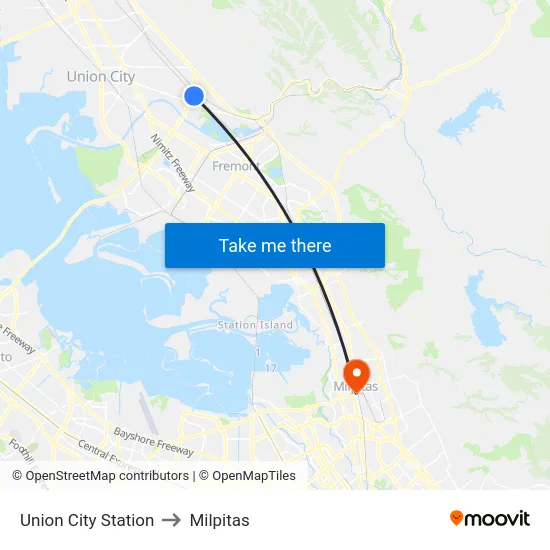 Union City Station to Milpitas map