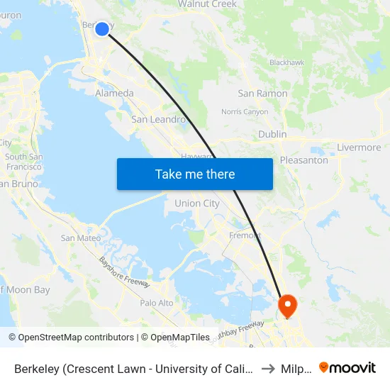 Berkeley (Crescent Lawn - University of California, Berkeley) to Milpitas map