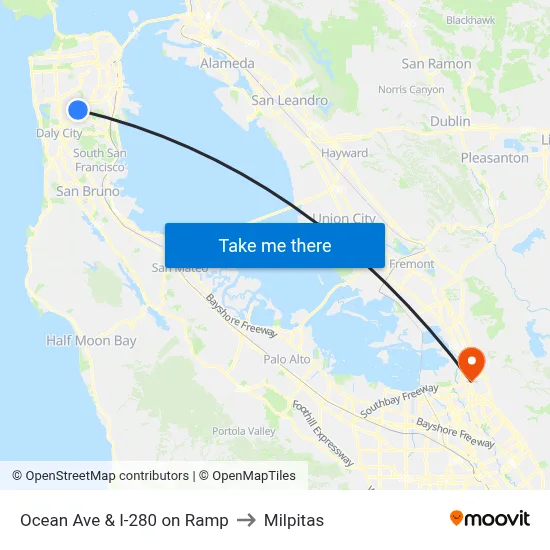Ocean Ave & I-280 on Ramp to Milpitas map