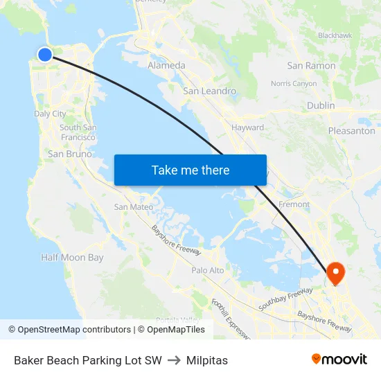 Baker Beach Parking Lot SW to Milpitas map