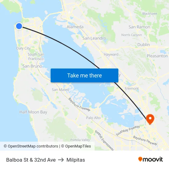 Balboa St & 32nd Ave to Milpitas map