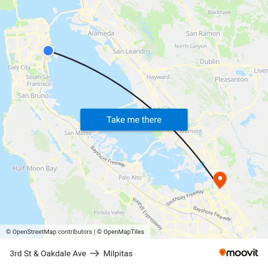 3rd St & Oakdale Ave to Milpitas map