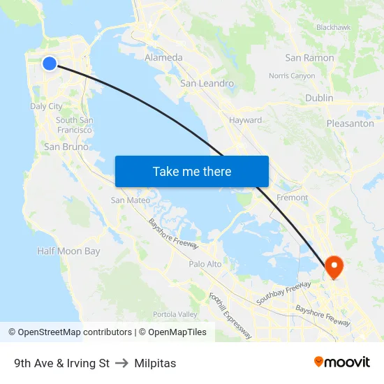 9th Ave & Irving St to Milpitas map