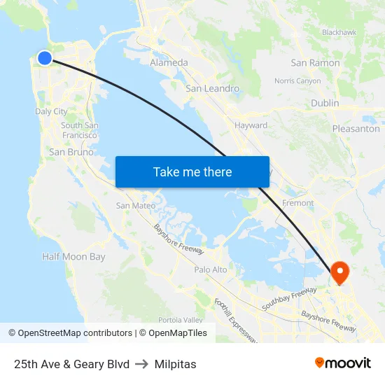 25th Ave & Geary Blvd to Milpitas map