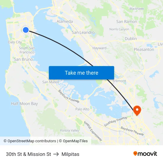 30th St & Mission St to Milpitas map