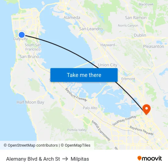 Alemany Blvd & Arch St to Milpitas map