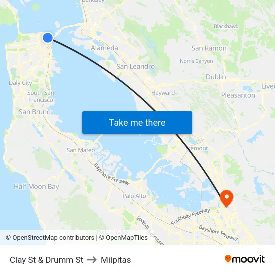 Clay St & Drumm St to Milpitas map
