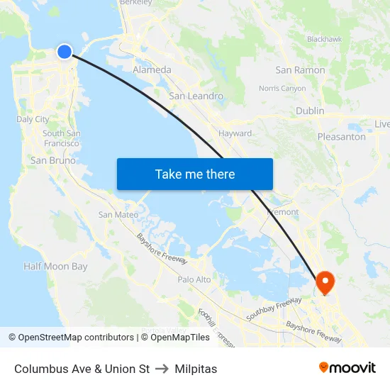 Columbus Ave & Union St to Milpitas map