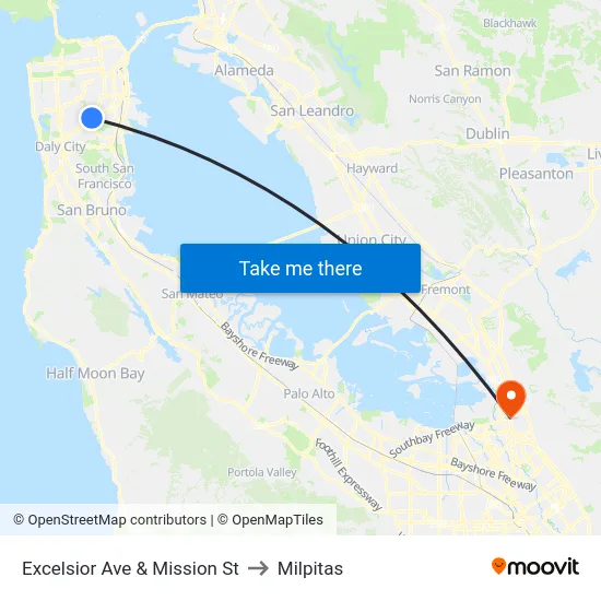Excelsior Ave & Mission St to Milpitas map