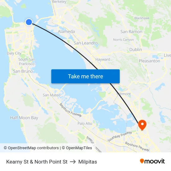 Kearny St & North Point St to Milpitas map