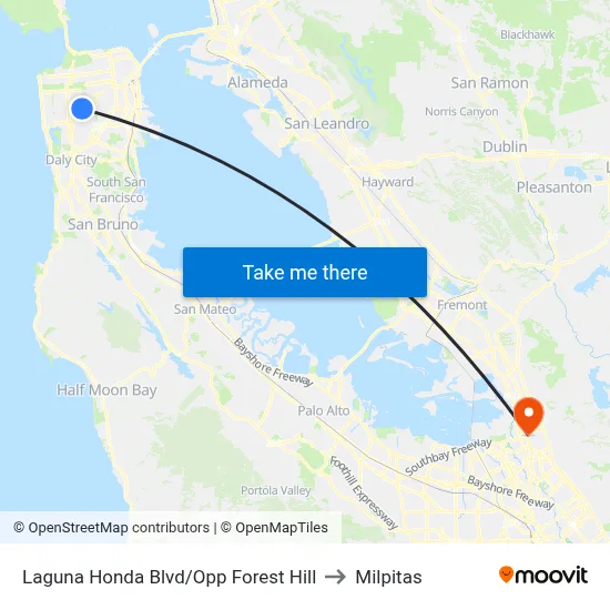 Laguna Honda Blvd/Opp Forest Hill to Milpitas map