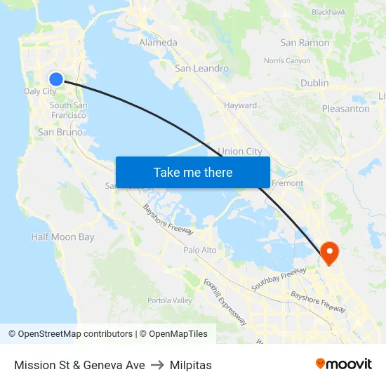 Mission St & Geneva Ave to Milpitas map