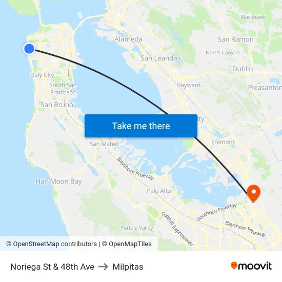 Noriega St & 48th Ave to Milpitas map