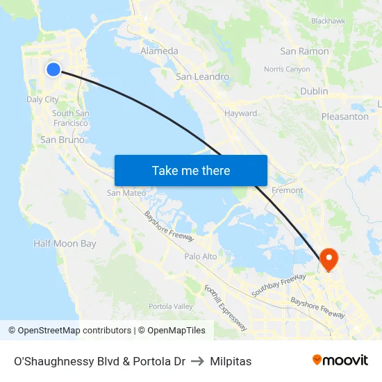 O'Shaughnessy Blvd & Portola Dr to Milpitas map