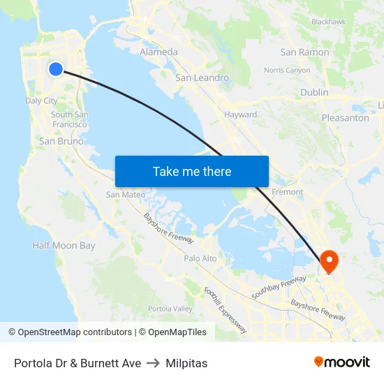 Portola Dr & Burnett Ave to Milpitas map