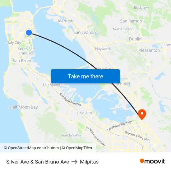 Silver Ave & San Bruno Ave to Milpitas map