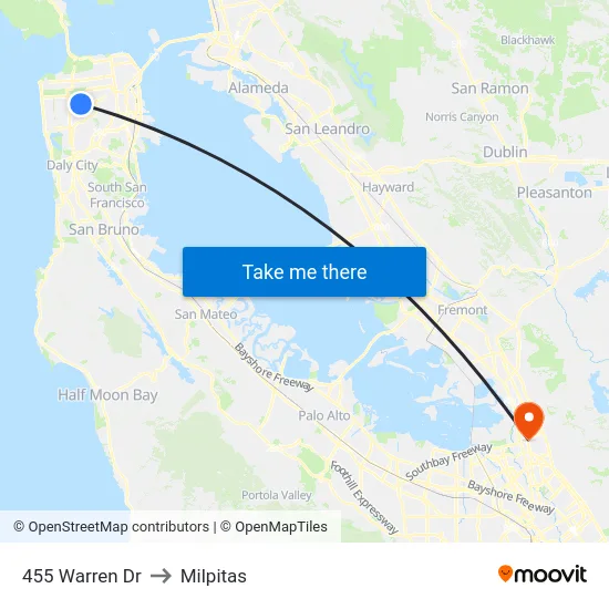 455 Warren Dr to Milpitas map