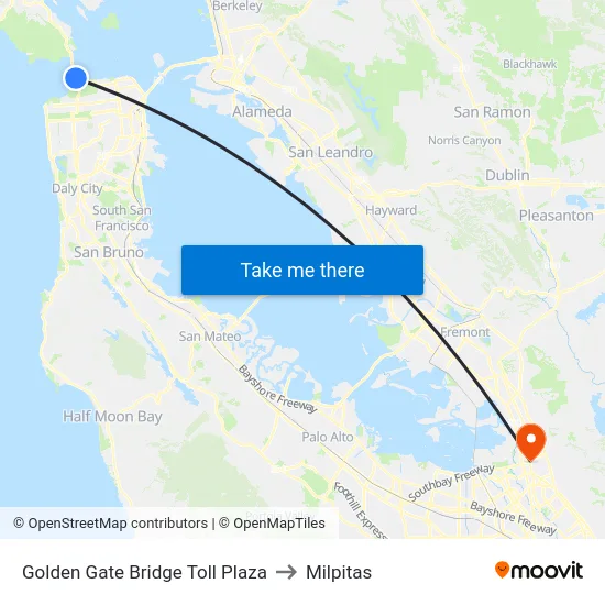 Golden Gate Bridge Toll Plaza to Milpitas map