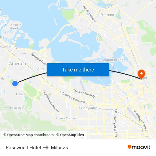 Rosewood Hotel to Milpitas map