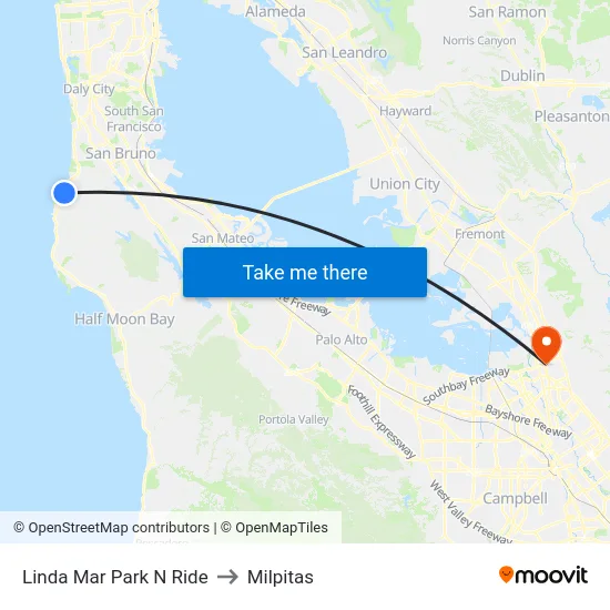 Linda Mar Park N Ride to Milpitas map