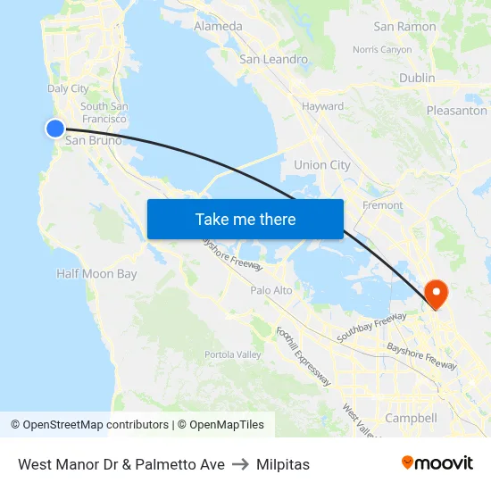 West Manor Dr & Palmetto Ave to Milpitas map