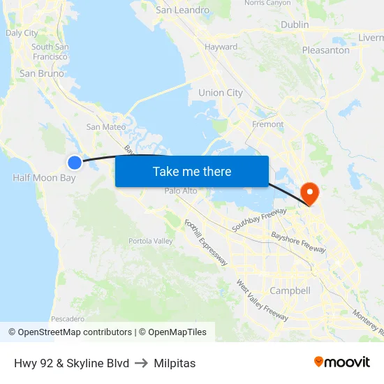 Hwy 92  & Skyline Blvd to Milpitas map